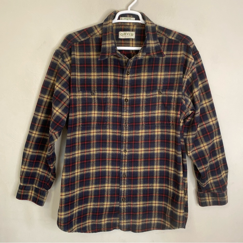 Orvis Men's Heavyweight Plaid Flannel Shirt Blue Red 2XL Suede trim